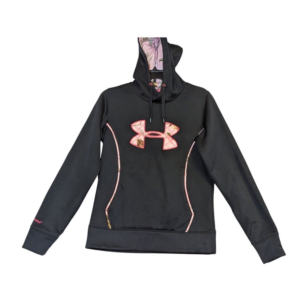 Under Armour Coldgear Black Hoodie With Pink Camo Accents & Logo Womens S